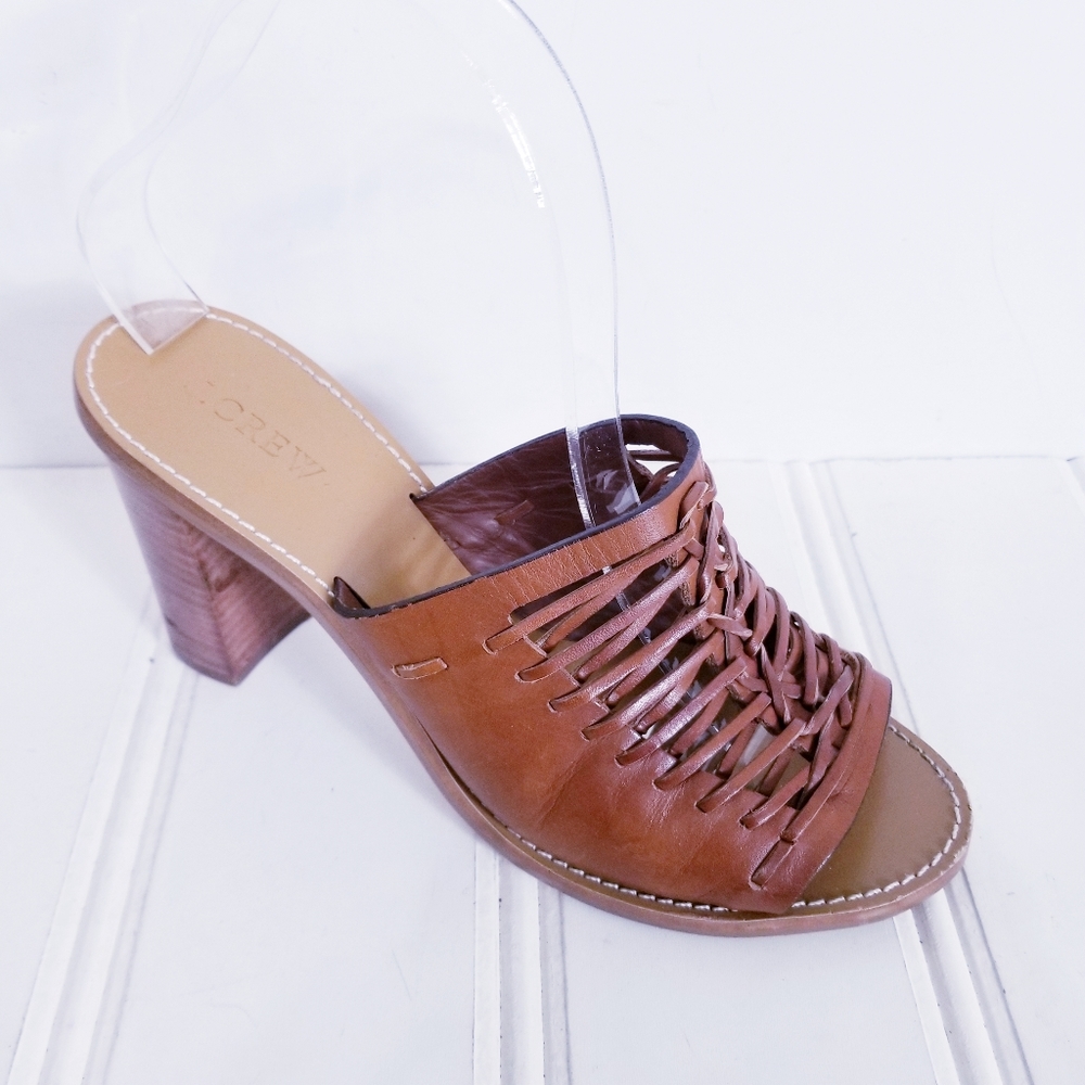 J.Crew Woven Leather Block Heel Mule Sandals Brown Slip On Open Toe Size 9